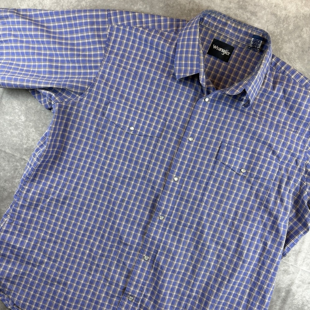Wrangler Western Shirt Mens 2XL Purple Short Sleeve Plaid Pearl Snap Cowboy